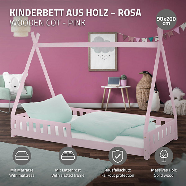 Lit d'enfant ML-Design Tipi 90x200 cm rose en bois de pin massif avec matelas H:16 cm style indien