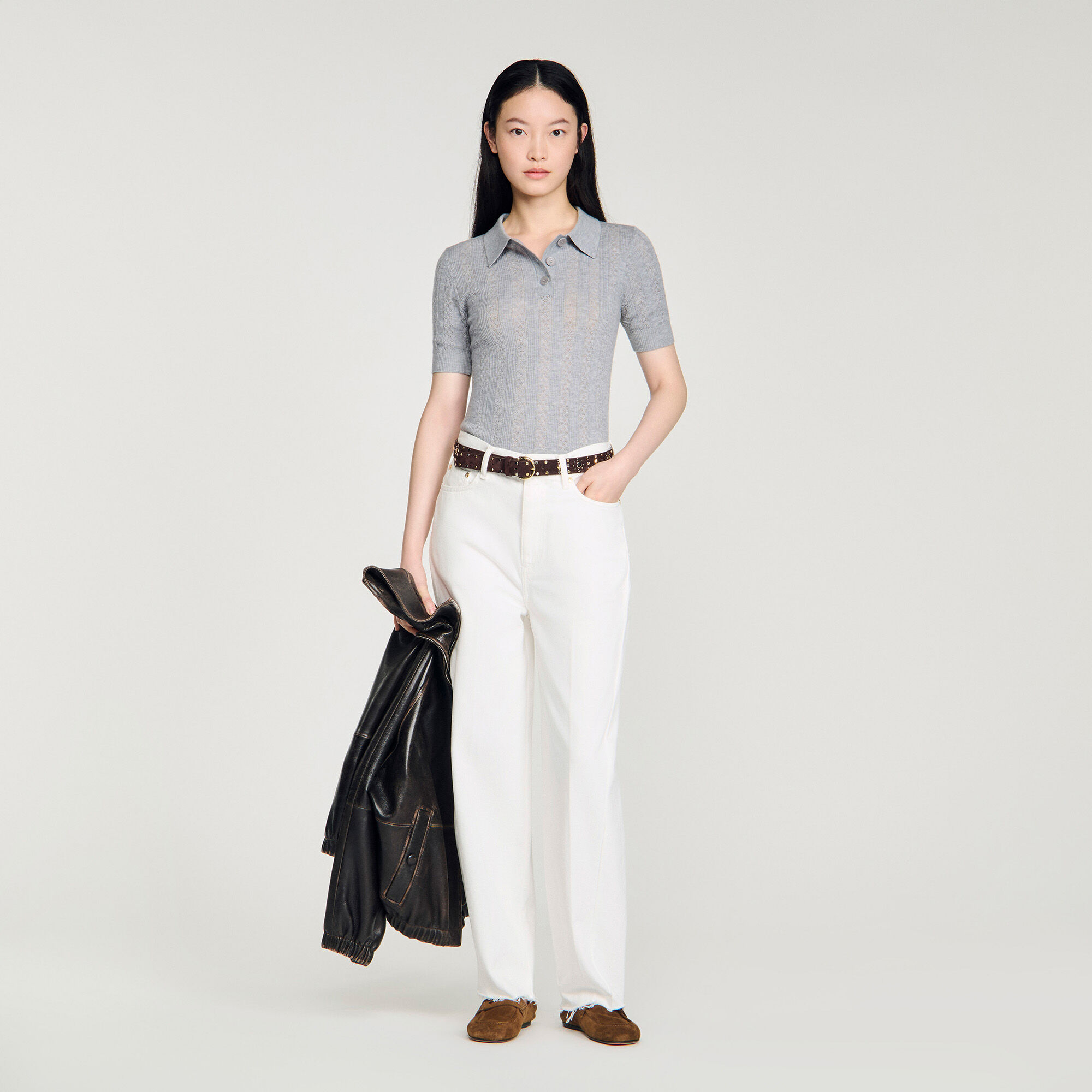 Pull en laine pointelle col polo