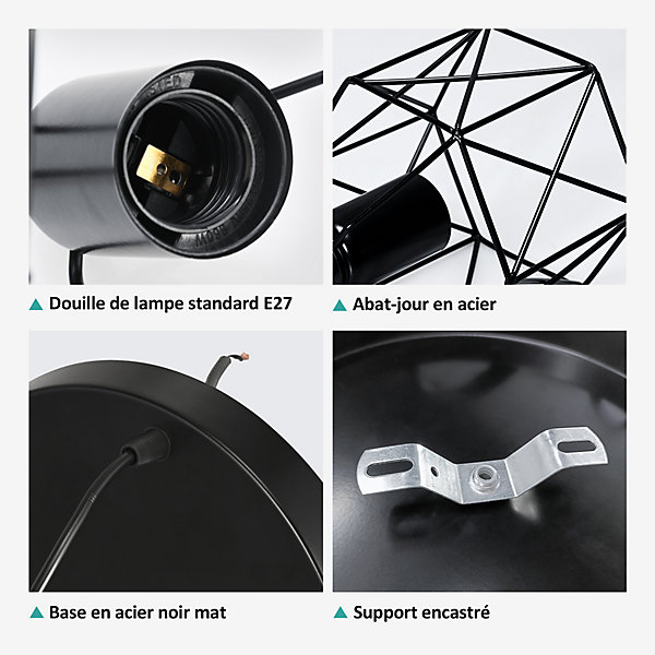 EMKE Lampe à suspension vintage à 3 ampoules, Plafonnier rétro avec abat-jour en métal, douilles noires E27