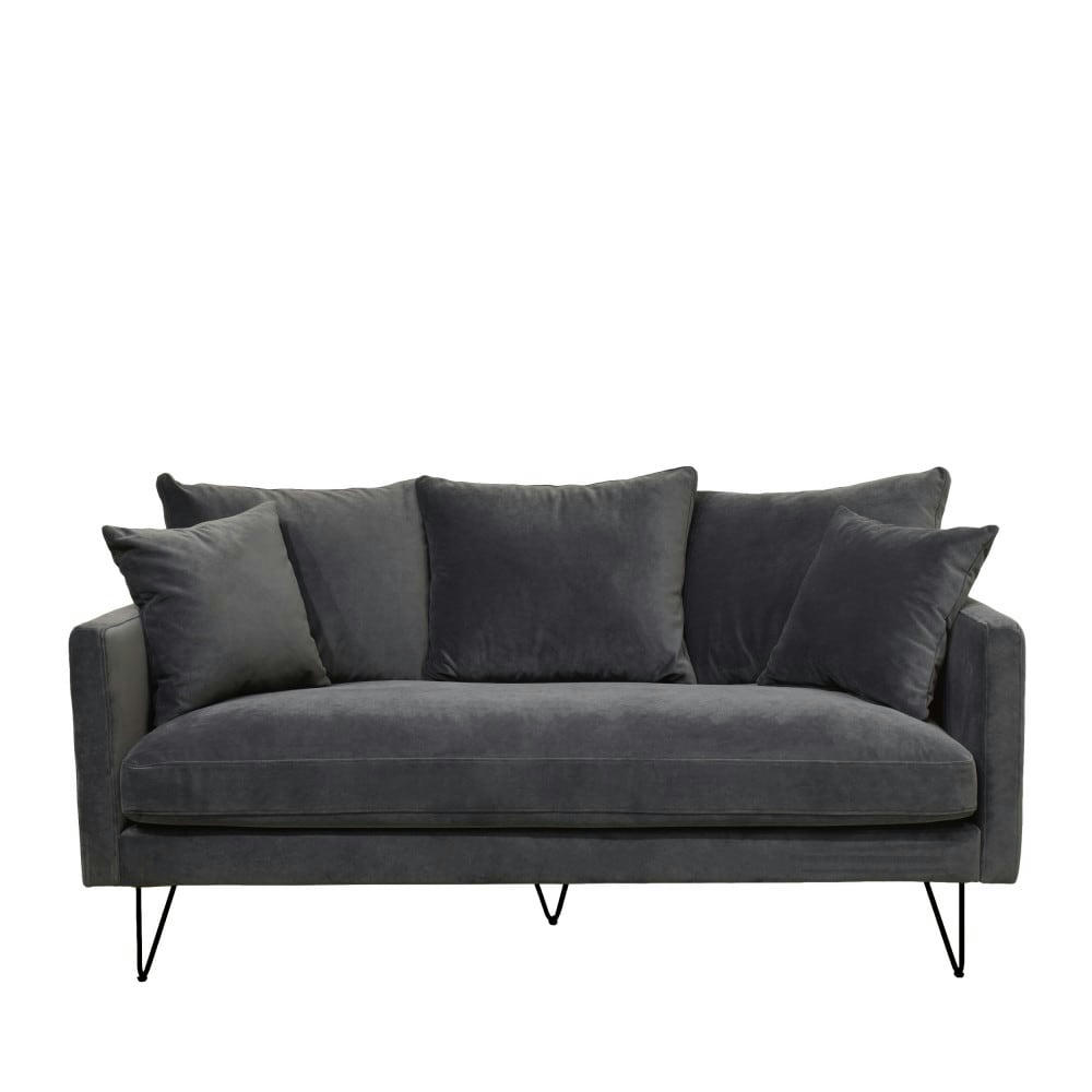 VILLABON - Canapé 3 places en velours pieds épingles noirs gris anthracite