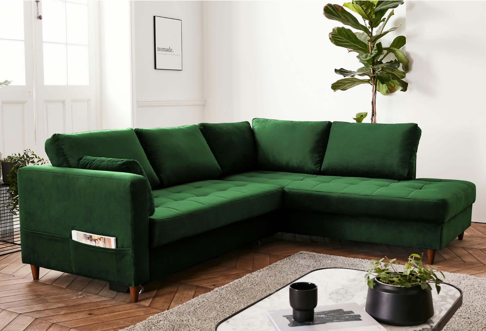 ANNA - Canapé d'angle droit convertible 5 places en velours vert