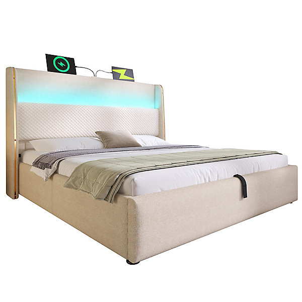 Lit double 140x200 cm, tête haute, LED/USB, hydraulique, lin - beige