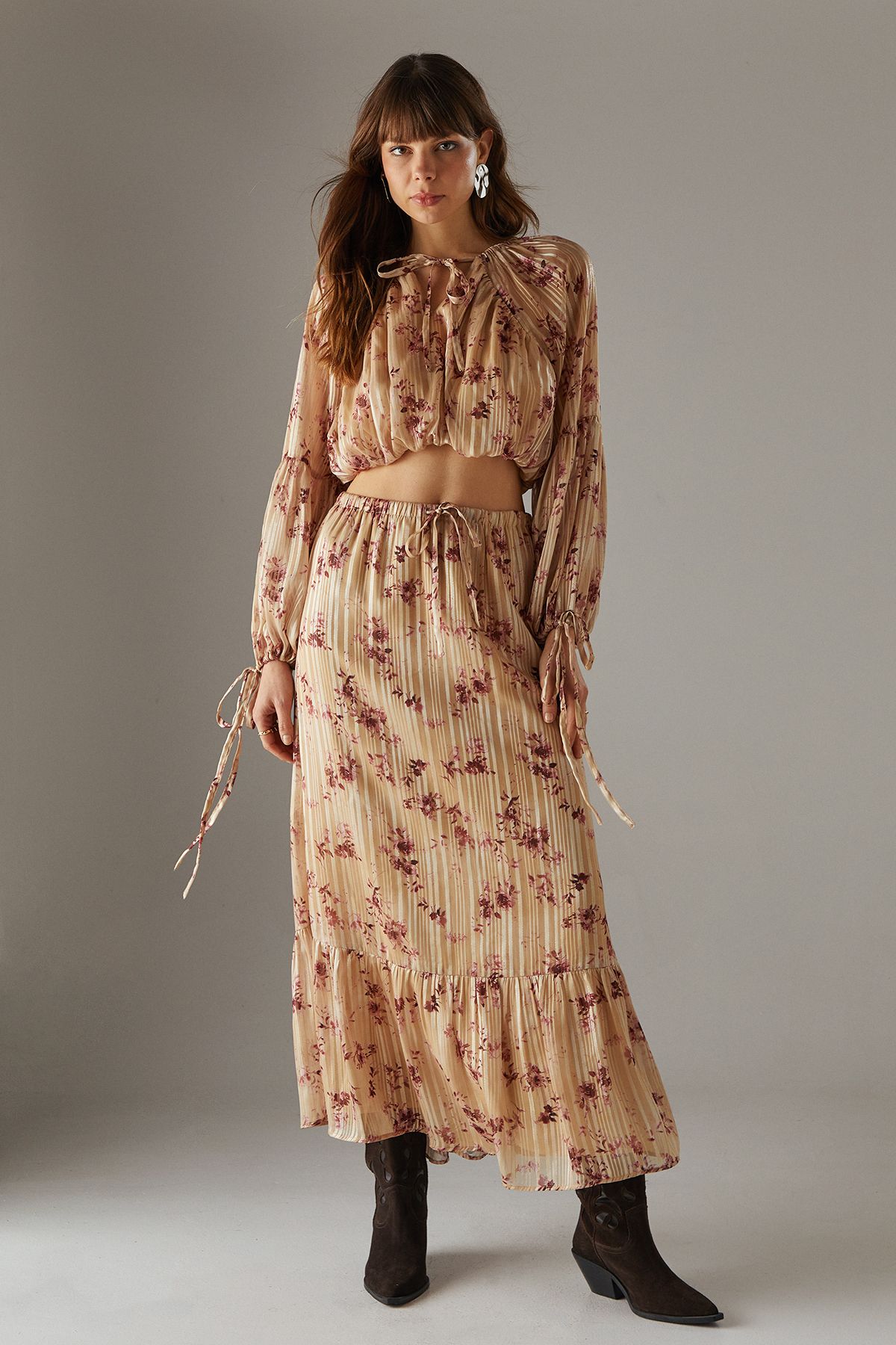 Warehouse Shadow Stripe Cropped Bubble Hem Boho Blouse
