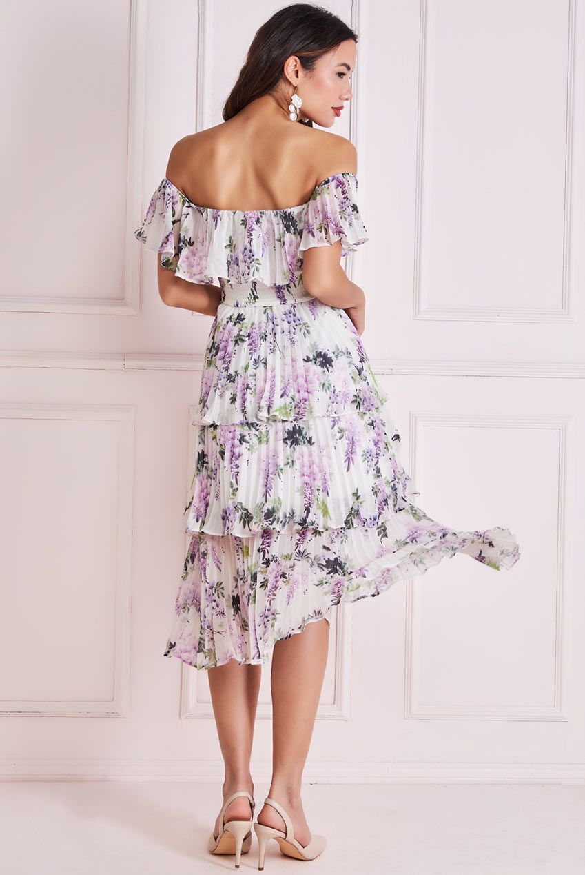 Goddiva Shirred Chiffon Floral Bardot Midi