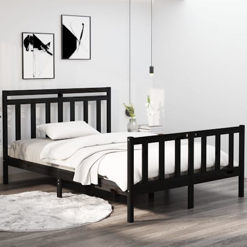 NNEVL Bed Frame Black Solid Wood 137x187 Double Size