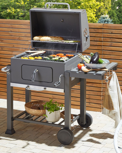 Grill węglowy z pokrywą na kółkach dwa ruszty