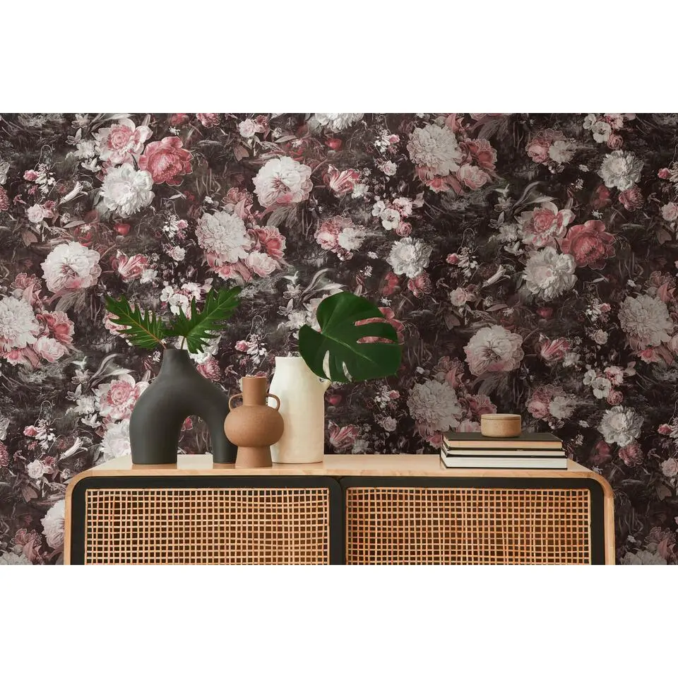A.S. Cr&eacute;ation behang bloemen zwart, rood, roze, wit en zilver - 53 cm x 10.05 m