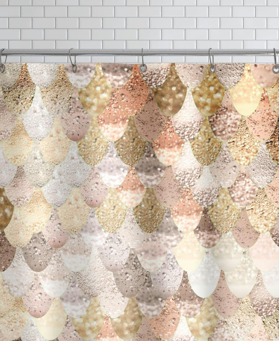 MERMAID GOLD - Rideau de douche en polyester en blanc ivoire & jaune 150x200