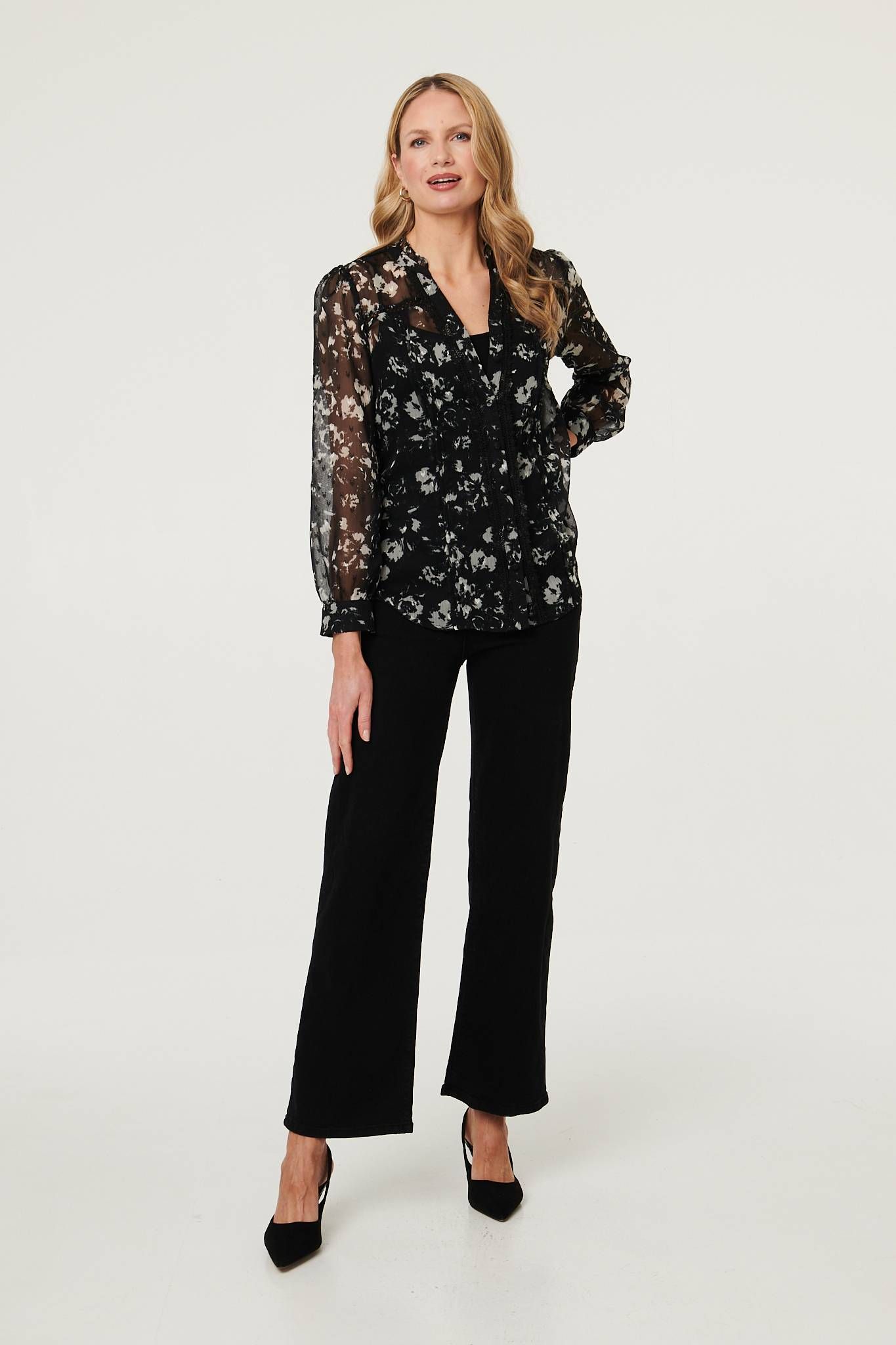 Izabel London Floral Semi Sheer Layer Lace Trim Blouse