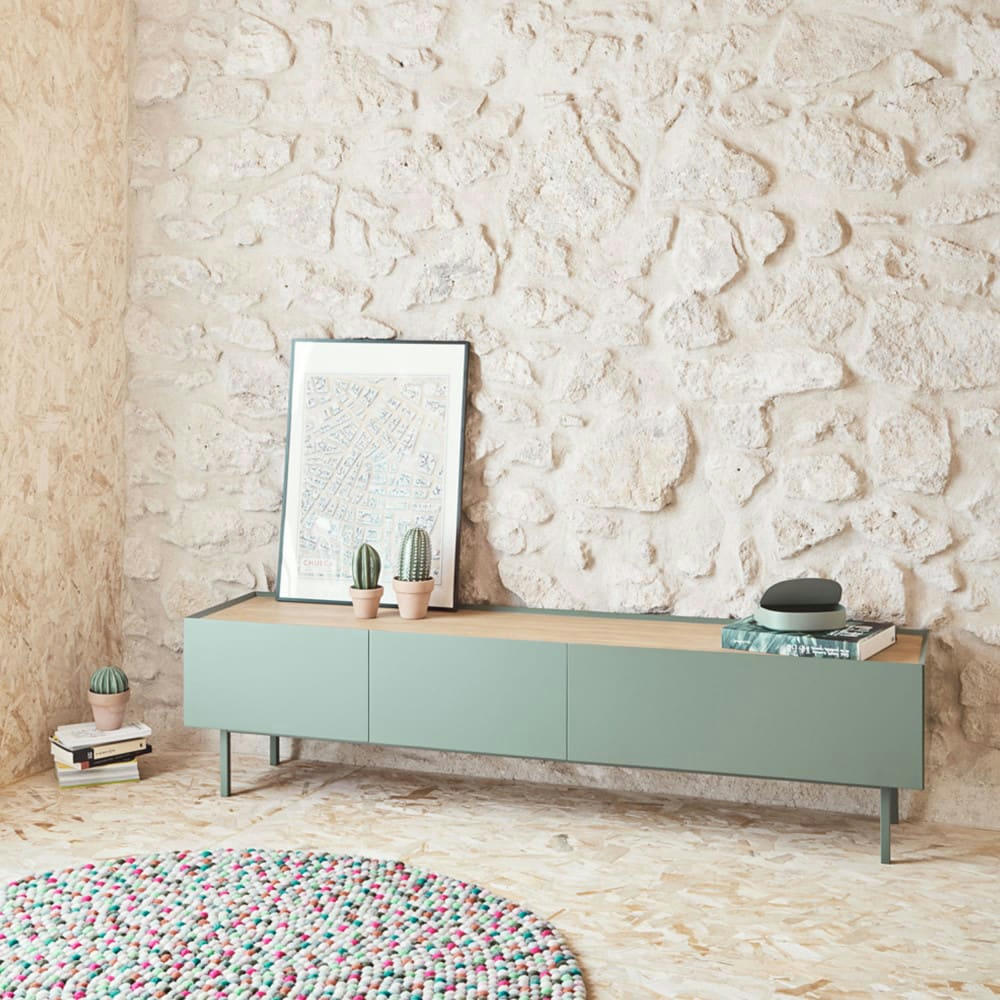 ARISTA - Meuble TV en bois 1 porte 2 tiroirs L180cm vert amande