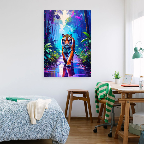 Obraz canvas do salonu biura, Tygrys na drodze Dżungla 20x30