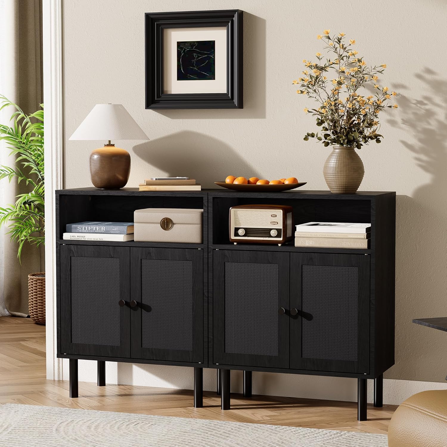 Rattan Storage Cabinet, Boho Accent Cabinet with Double Doors, Small Freestanding Sideboard for Hallway, Laundry Room,Kitchen, Dining Room, Entryway (Black)