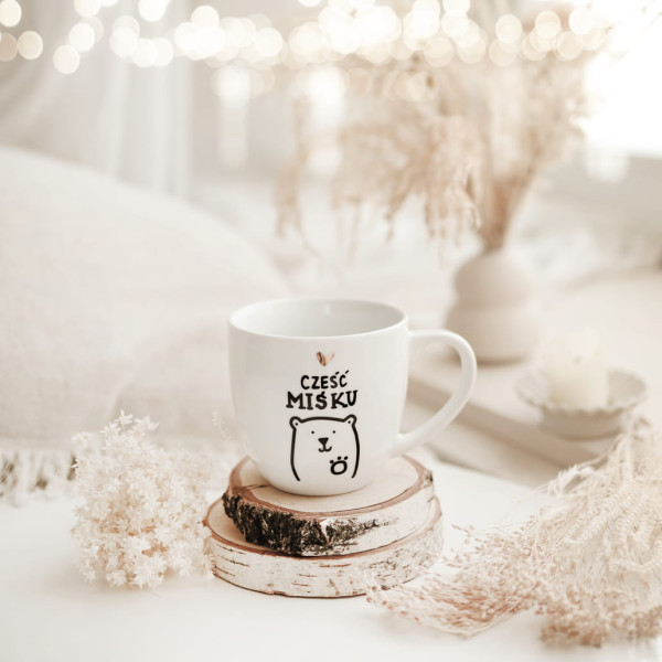 Biały kubek porcelanowy 300 ml - Złote serce i napis cześć miśku