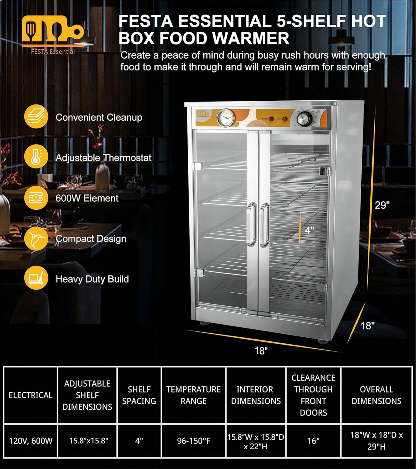 5-Shelf Electric Catering Hot Box Food Warmer Accommodating up to (10) 15 Pizza Boxes, Countertop Heated Holding Cabinet for Pretzels, Warming Machine for Home Commercial Use, 120V 600W