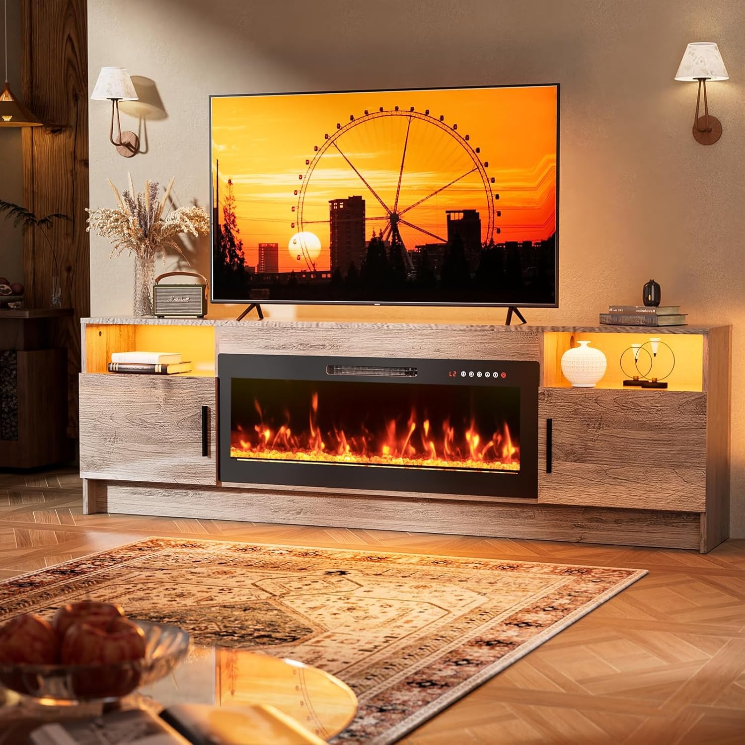 70'' TV Stand with Fireplace, Entertainment Center with Fireplace for 75+inch TV- Grey TV Cabinets with Storage, 20 Led Colors, Cable Management, Modern TV Console for Living Room