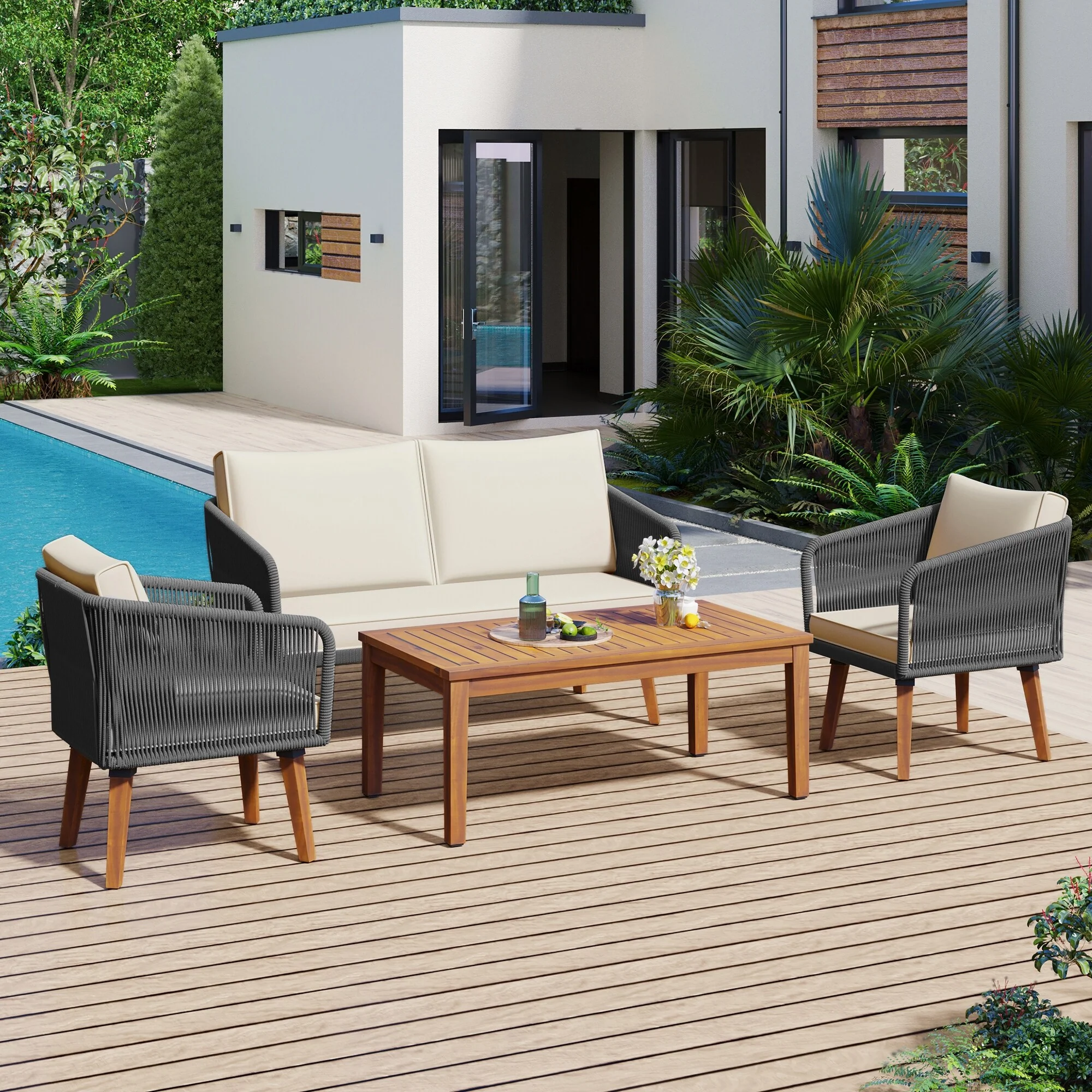 Patio Furniture Set, 4 Pieces Outdoor Furniture Set with Loveseat, Patio Rope Conversation sets with Cushions for Backya