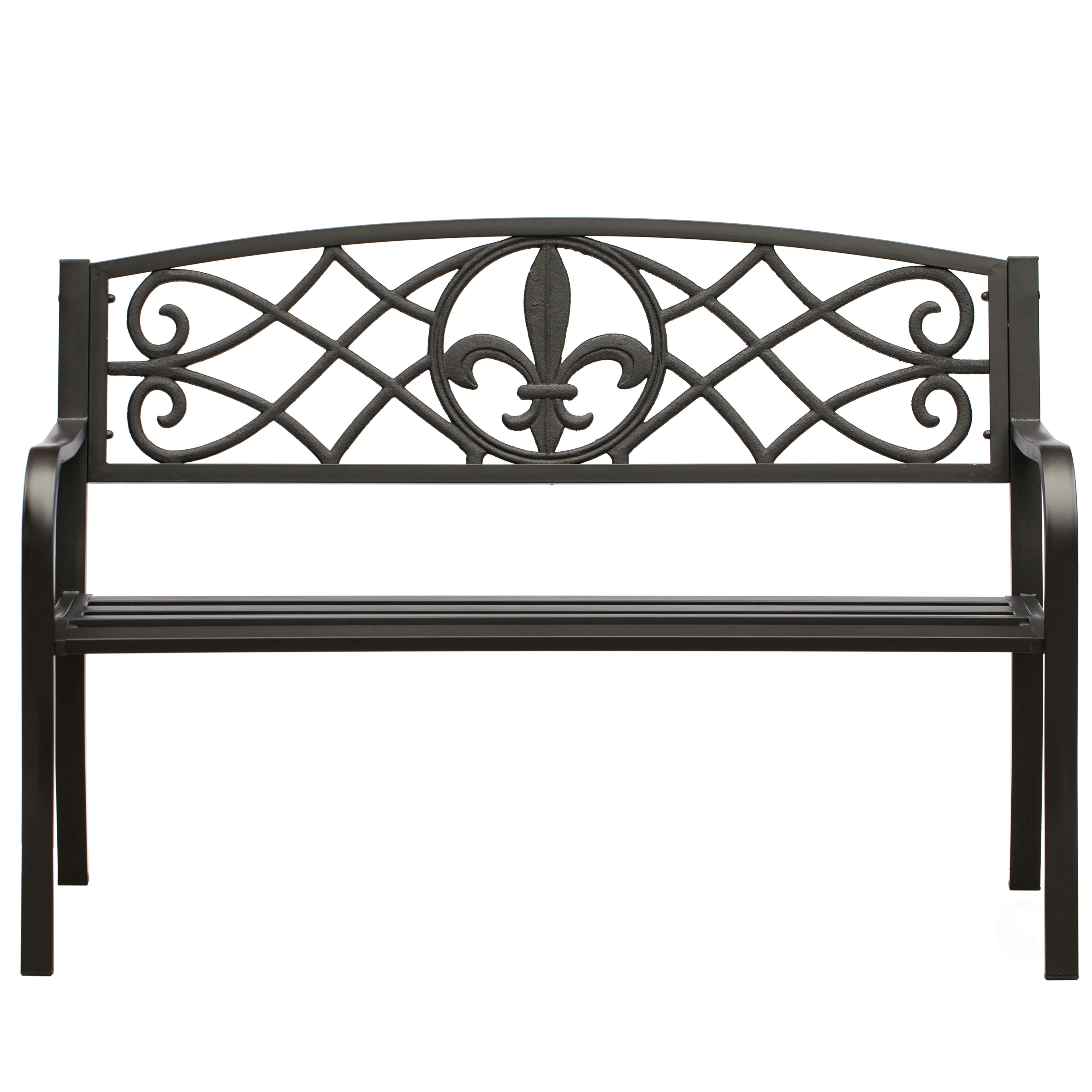 Outdoor Garden Patio Steel Park Bench Lawn Decor with Cast Iron Unique Design Back, Black Seating Bench for Yard, Patio, Garden