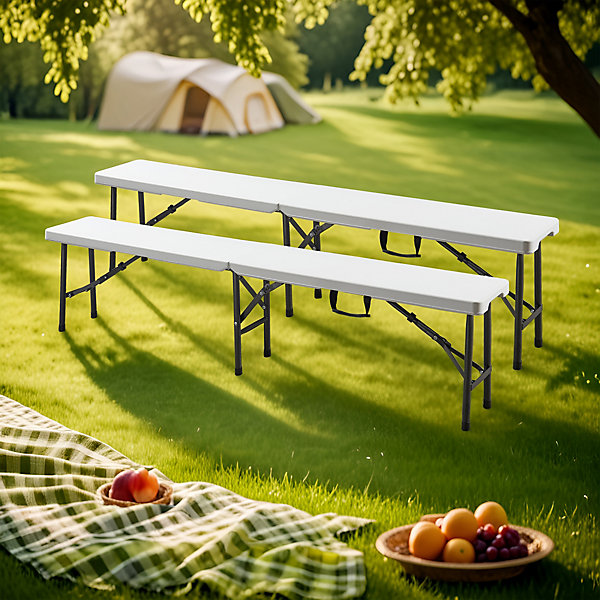 Lot de 2 bancs de camping pliables Ljusnarsberg 180 x 25 x 43 cm blanc en.casa