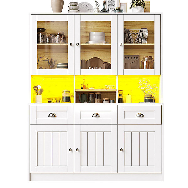 Armoire de cuisine,140x40x175cm,blanc/noir,haute buffet vitrine étagères réglables éclairage LED couleurs variables