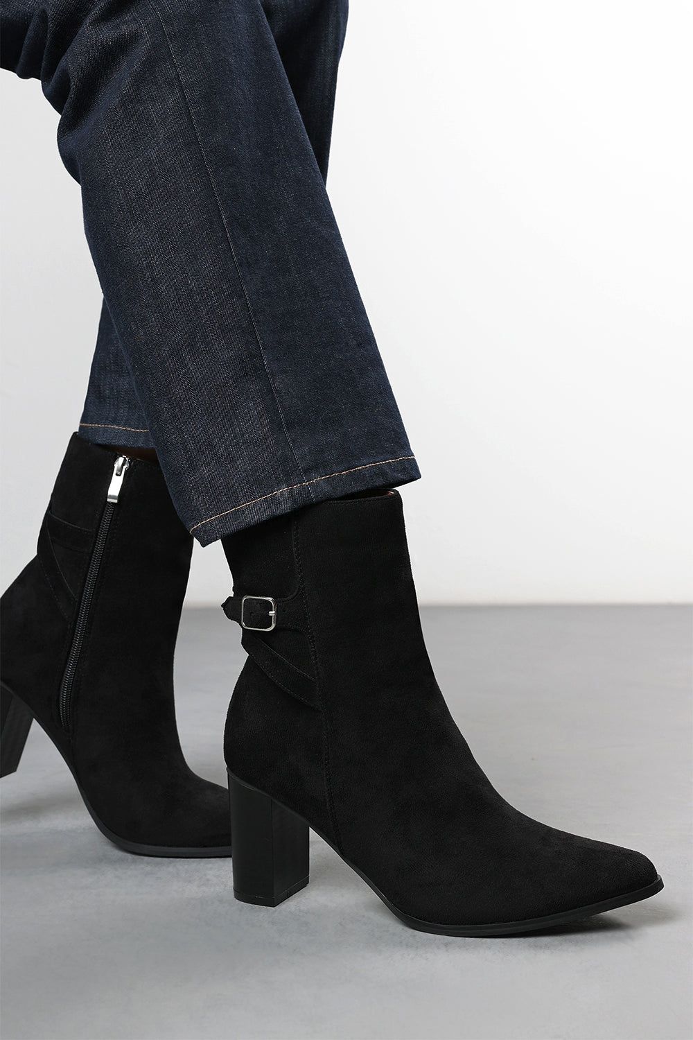 Where's That From Jolie' Suede Mid Heel Ankle Boots with Side Buckle