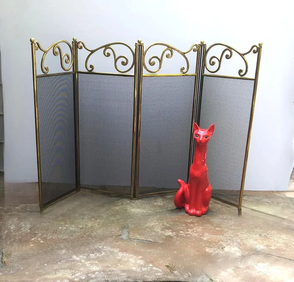 Vintage Fireplace Screen 4 Panel Folding Brasstone Scroll Black Mesh Screen Scroll Top Design Mid Century Hearth Screen Fire Place Design