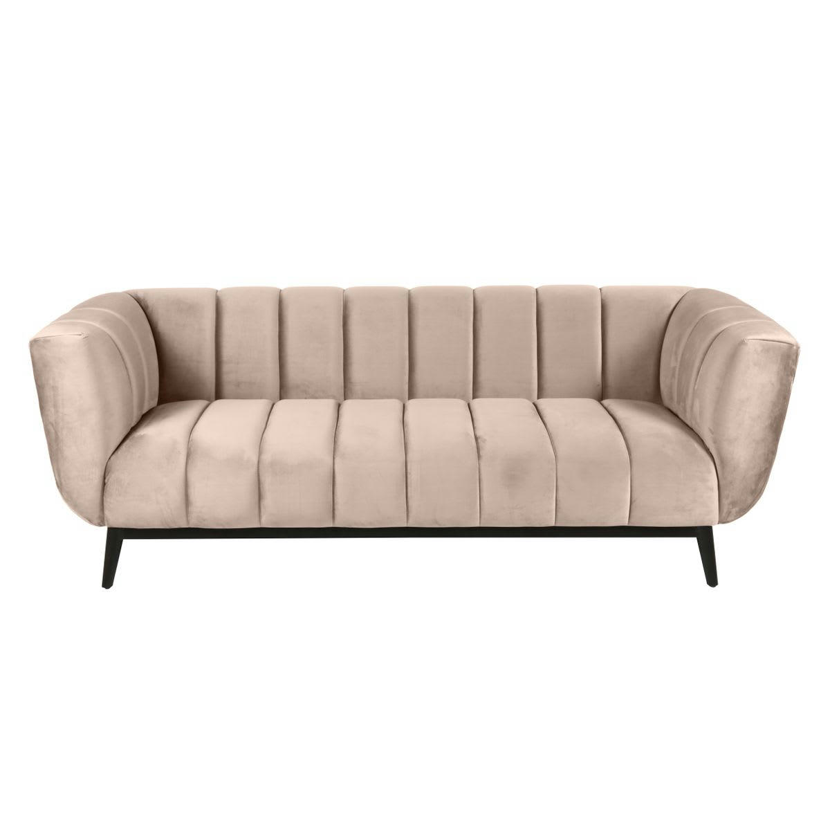 AMARO - Canapé velours 3 places beige capitonné