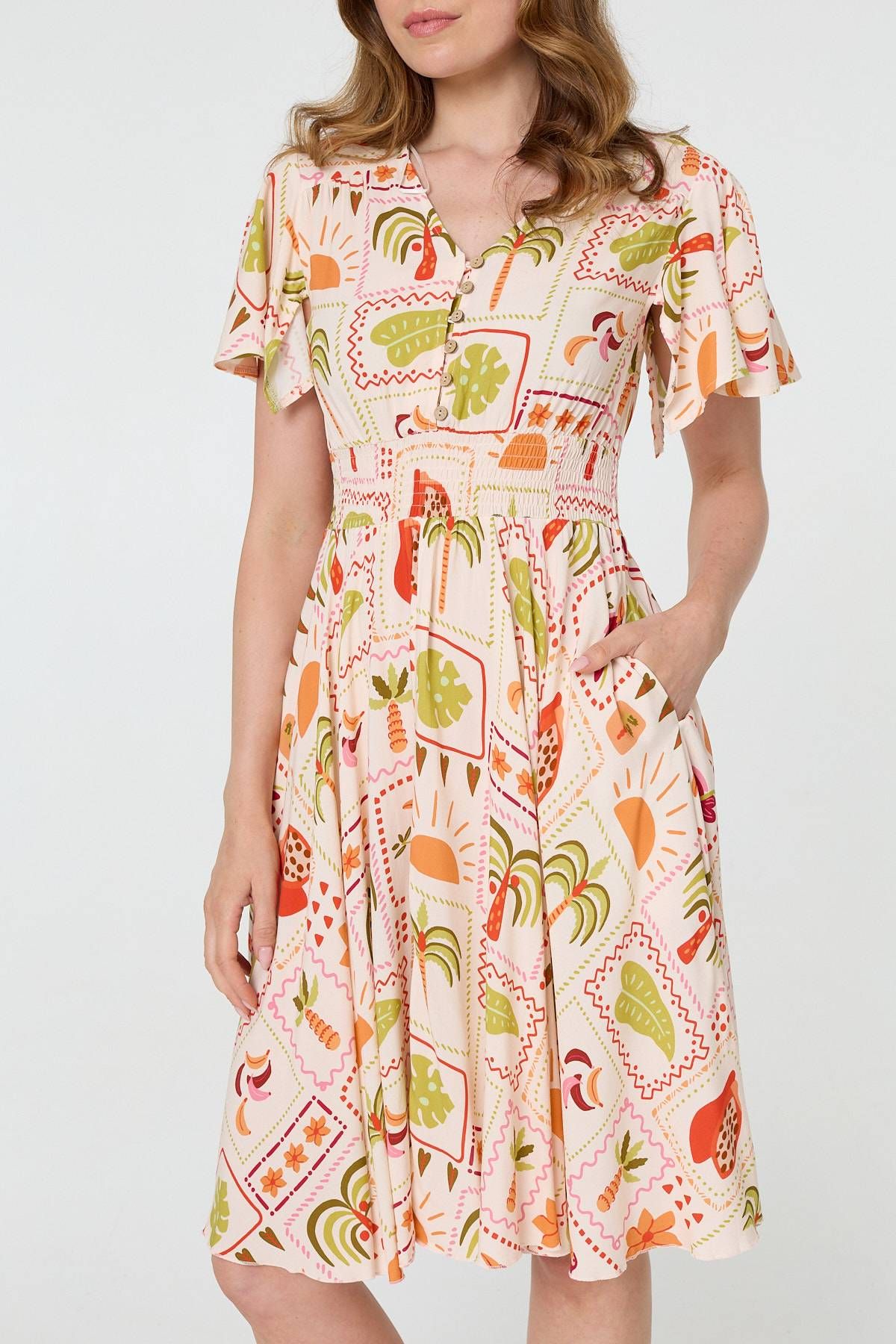 Izabel London Printed V-Neck Shirred Knee Length Dress