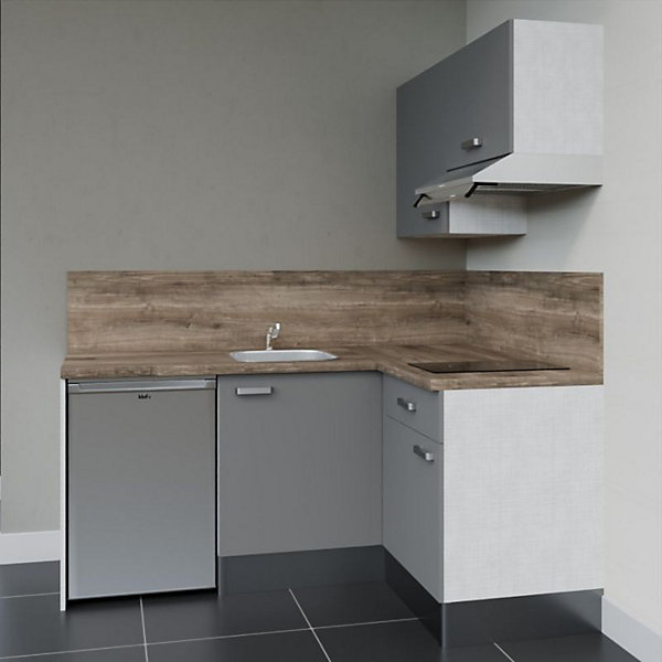 Kitchenette KA02 façades Gris - Plan de travail Bois - Crédences : Oui - Evier inox - Electroménager Inox inclus