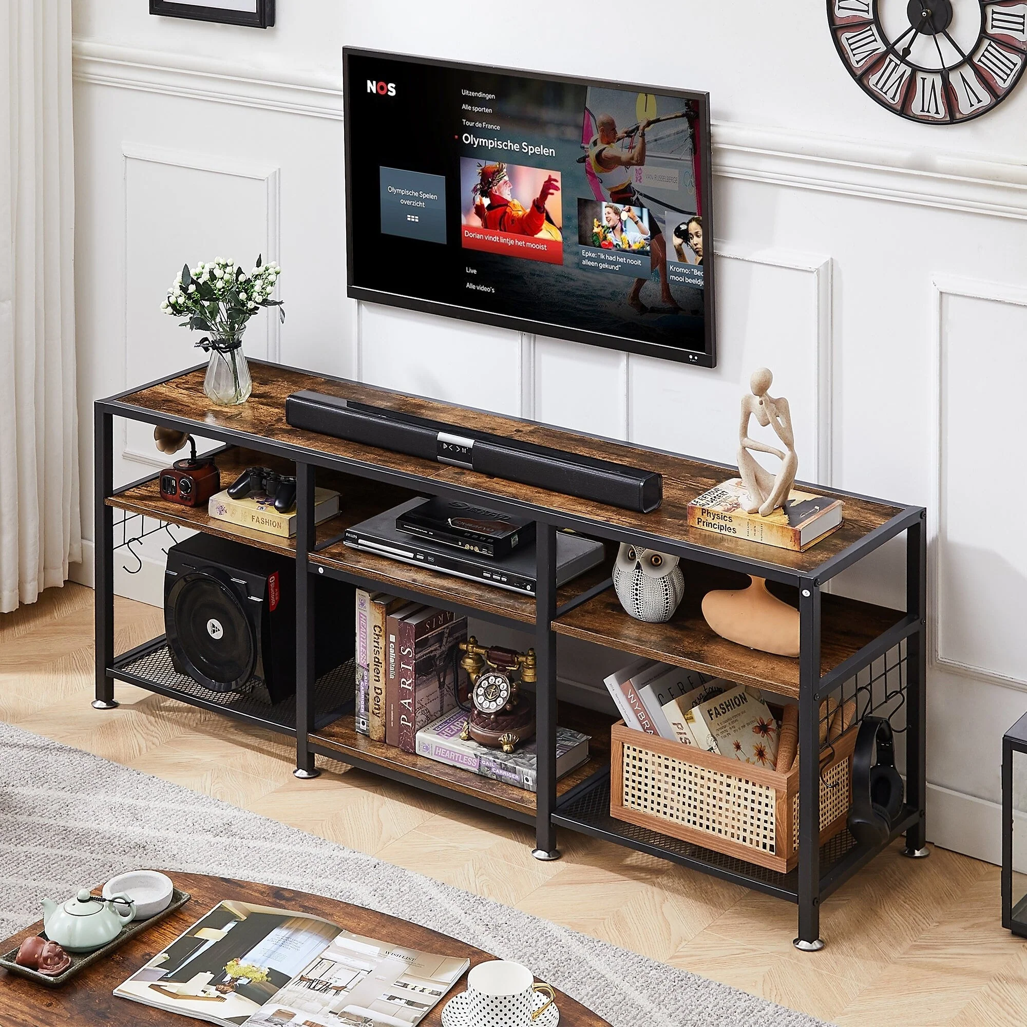 VECELO End Table, 55 Inch up to 71 Inches TV Stand with Storage Shelves, 3-Tier Television Cabinet
