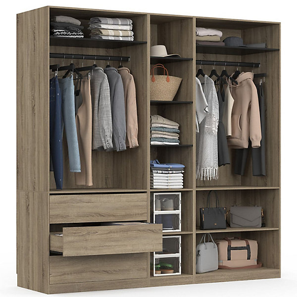 Dressing modulable TAYLOR 200 x 55 x 200 cm 3 modules avec penderies   étagères   tiroirs hêtre et noir