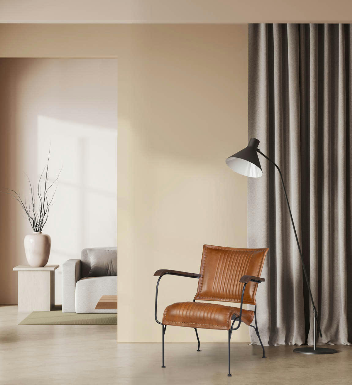 BOSTON - Fauteuil en métal et cuir marron