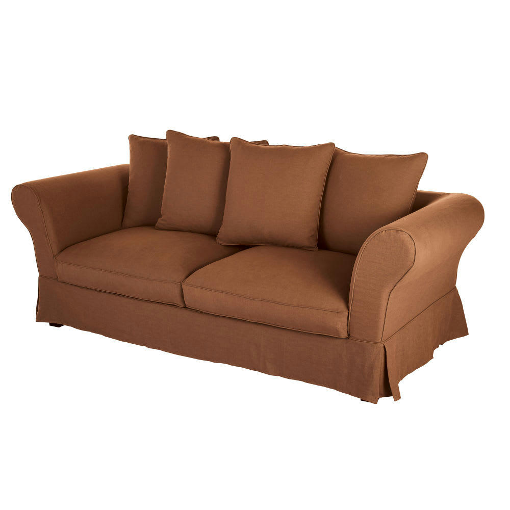 Roma - Housse de canapé-lit 3/4 places (matelas 12 cm) en lin froissé orange de Sienne