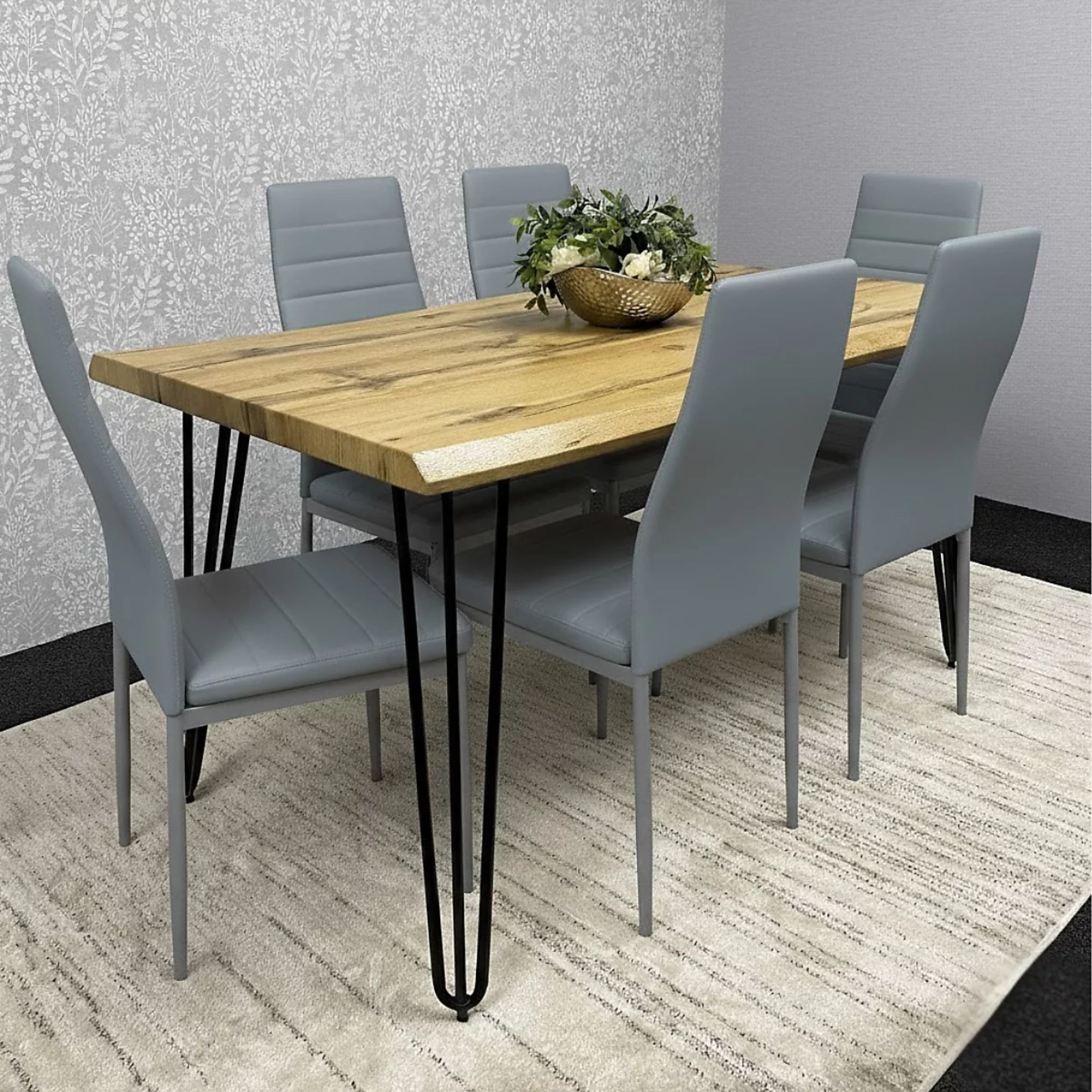 KOSY KOALA Dining Table Set With 6 Grey Faux Leather Chairs