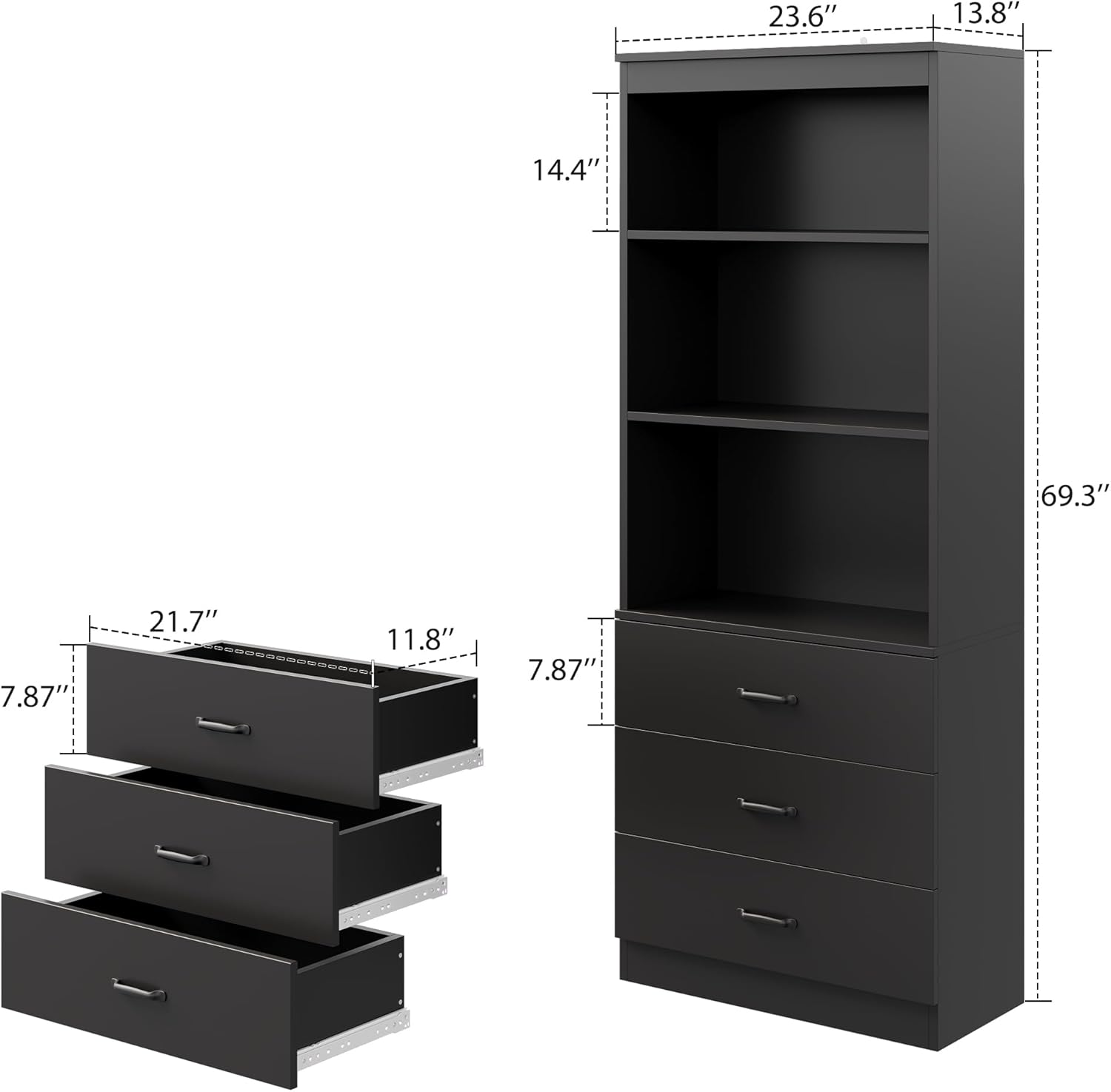 70 H Black Bookshelf with Drawers, Tall Bookcase with 3-Tier Open Shelves, Bookshelf and Bookcase with Storage Cabinet for Home Office,Living Room(Black,6-Tier)