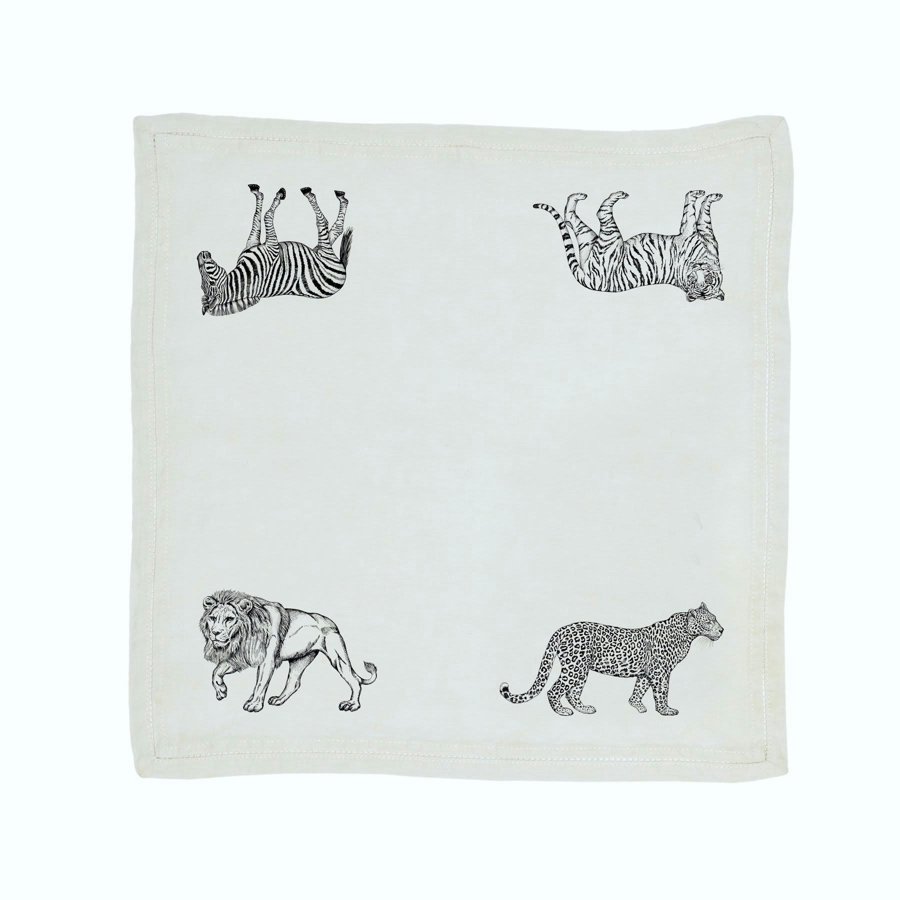 AFRIQUE ANIMAL - Serviette de table  Lin pur lavé Serengeti Blanc Noir 45x45