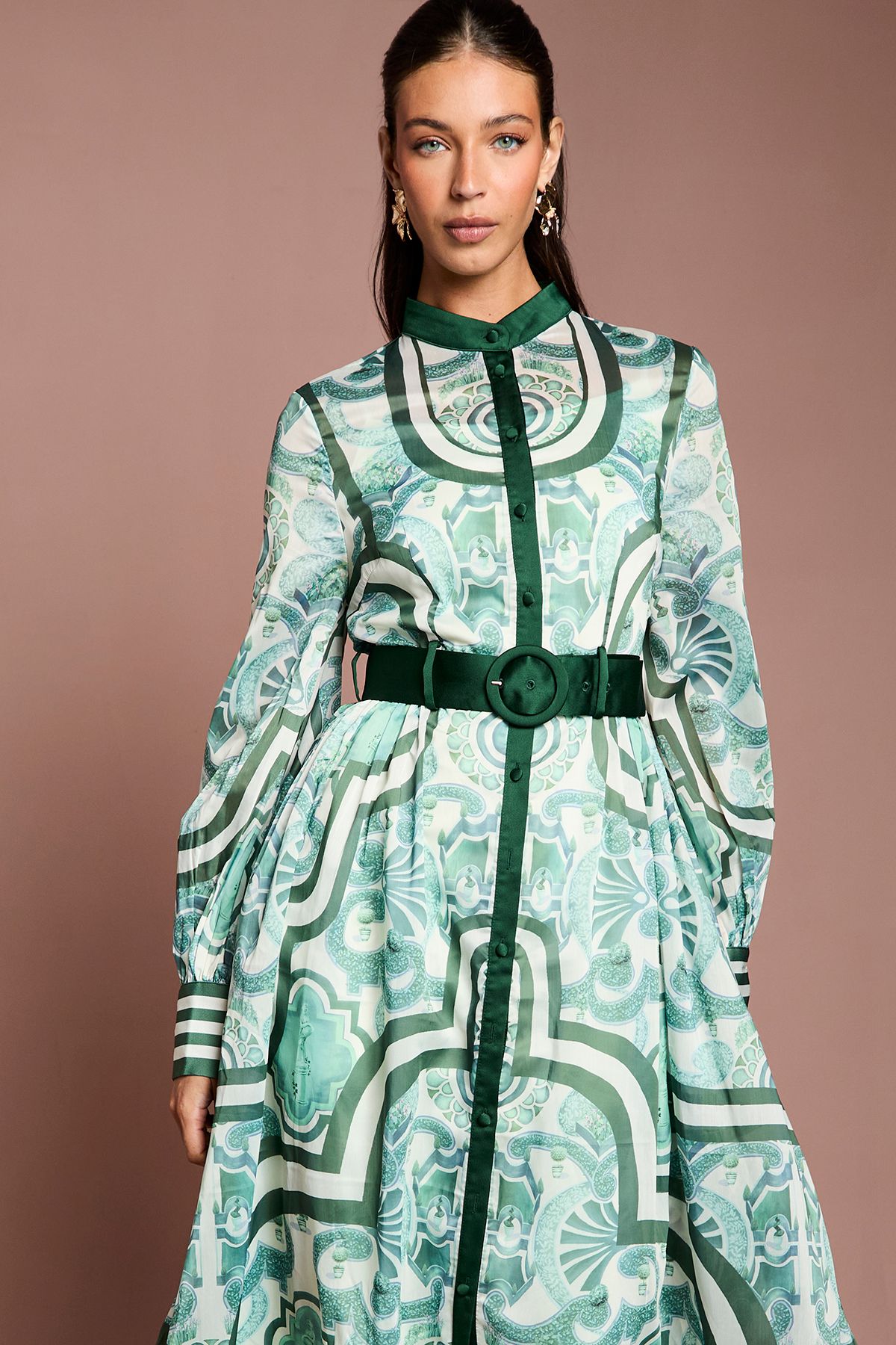 Coast Lisa Tan Organza Belted Shirt Dress