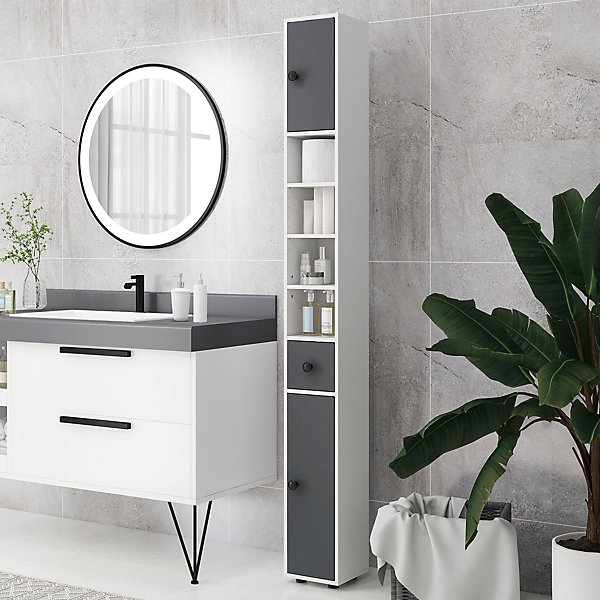 Meuble colonne salle de bain 2 portes 2 étagères 4 niches tiroir poignées métal noir gris