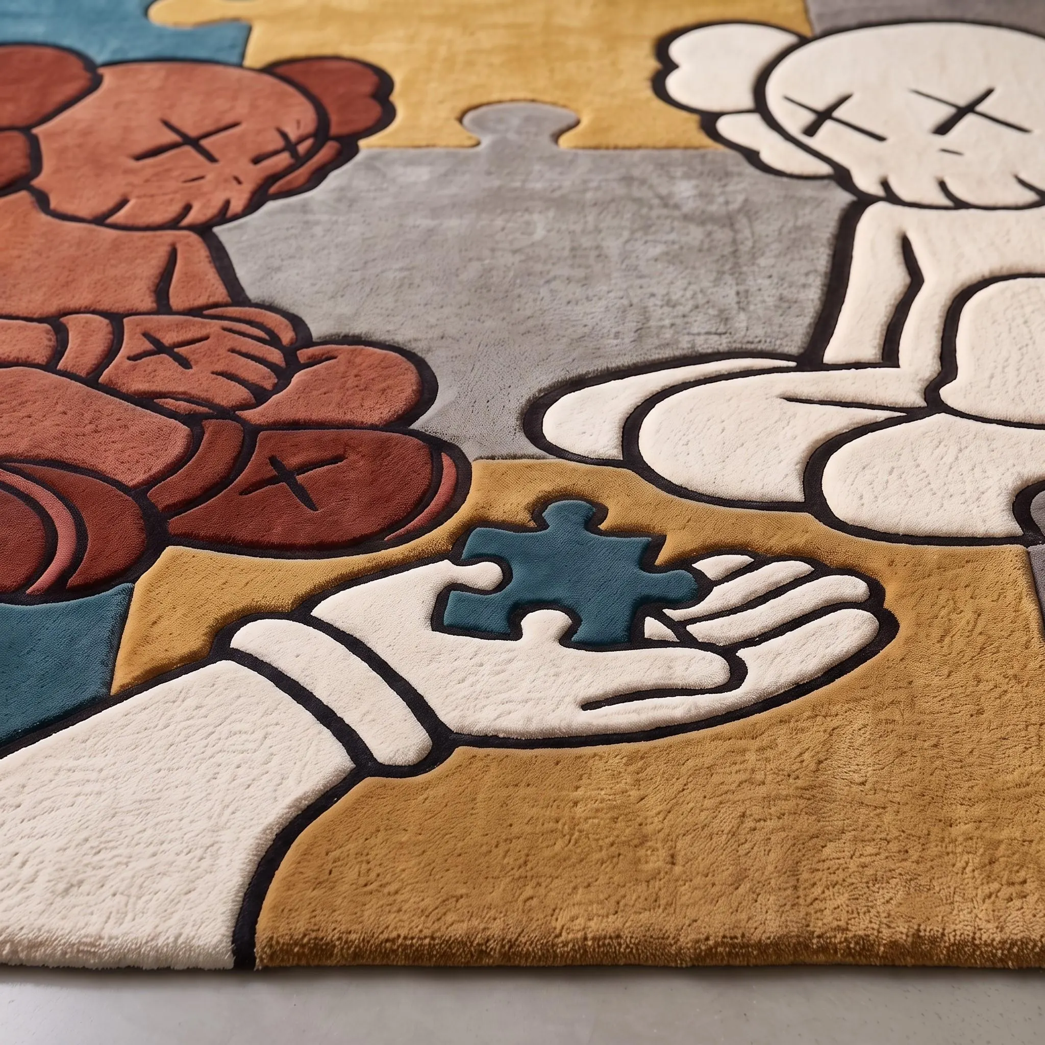 Hand Tufted Wool Puzzle Bear Art Rug, Modern Cartoon Decor, Statement Living Room Gift