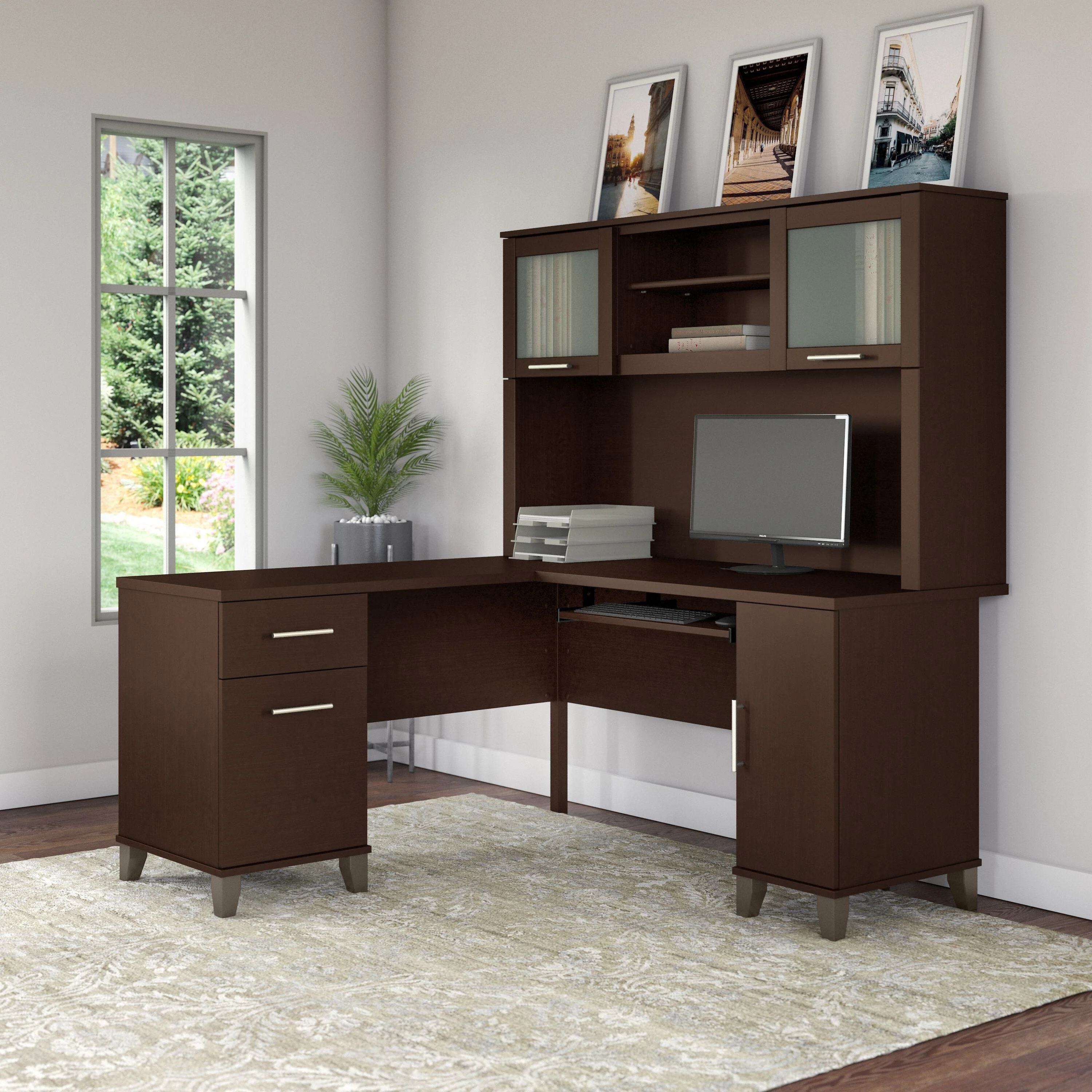 Bush Furniture Somerset 60W L Shaped Desk with Storage Hutch