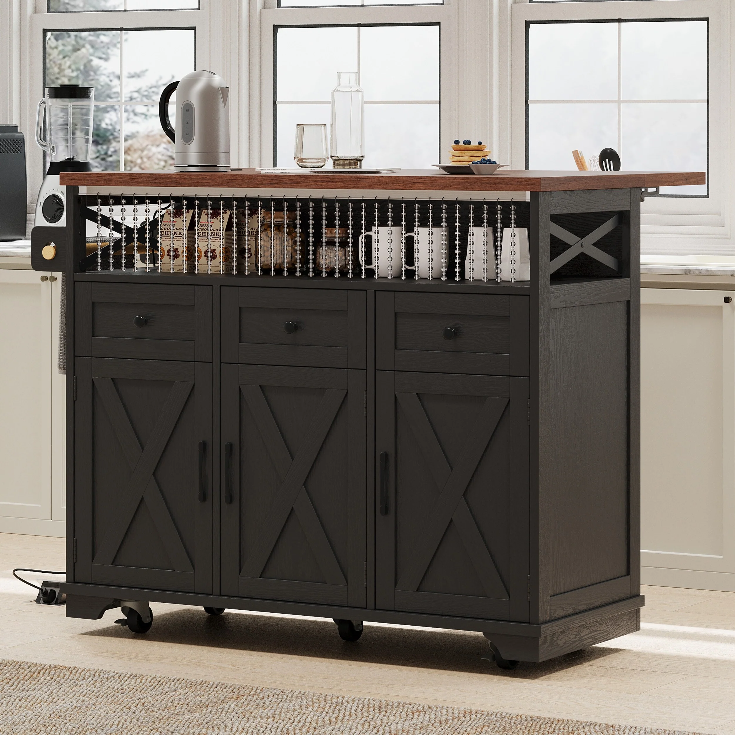 46.5'' Farmhouse Kitchen Island with Drape of Beads, Power Outlet, Rolling Kitchen Cart on Wheels with Drop Leaf, 3 Drawers