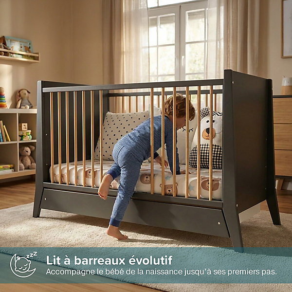 Lit bébé évolutif avec tiroir Timeo 60x120 cm (matelas non inclus) Gris &bois