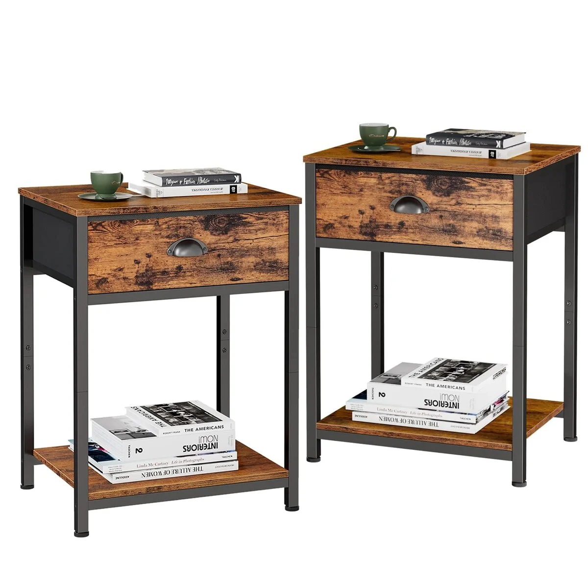 Nightstands Set of 2, Industrial End Table with Fabric Drawer&Storage Shelf, Small Bedside Table Organizer for Small Space