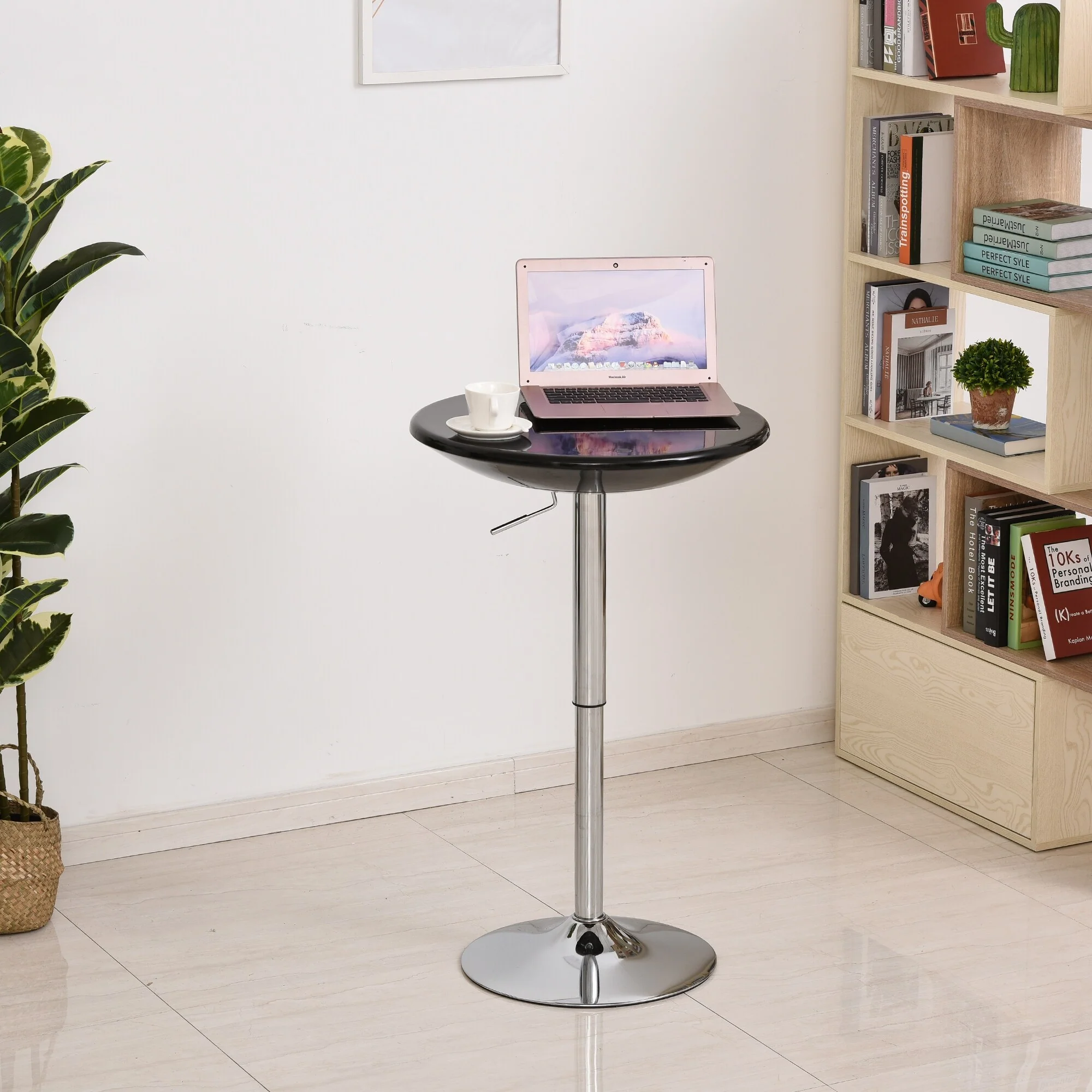 HOMCOM Round Cocktail Bar Table Metal Base Tall Bistro Pub Desk Adjustable Counter Height Black Silver