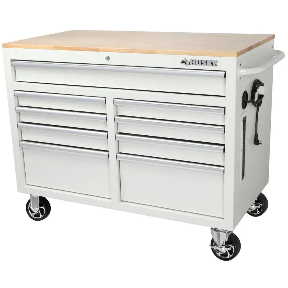 46-in W x 24.5-in D 9-Drawer Mobile Workbench with Hardwood Top and Power Station  Gloss Black