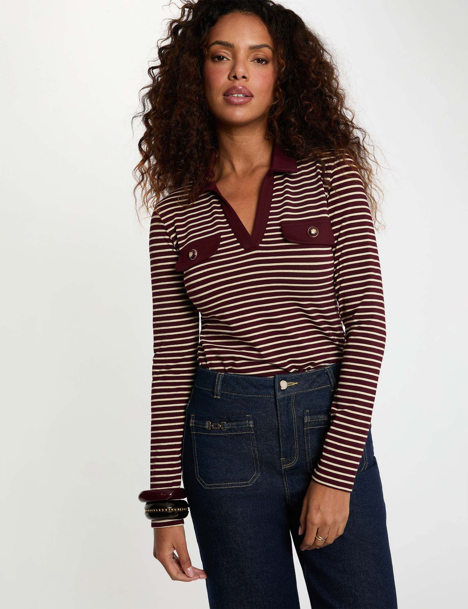 Striped Long-Sleeved Polo Bordeaux Women