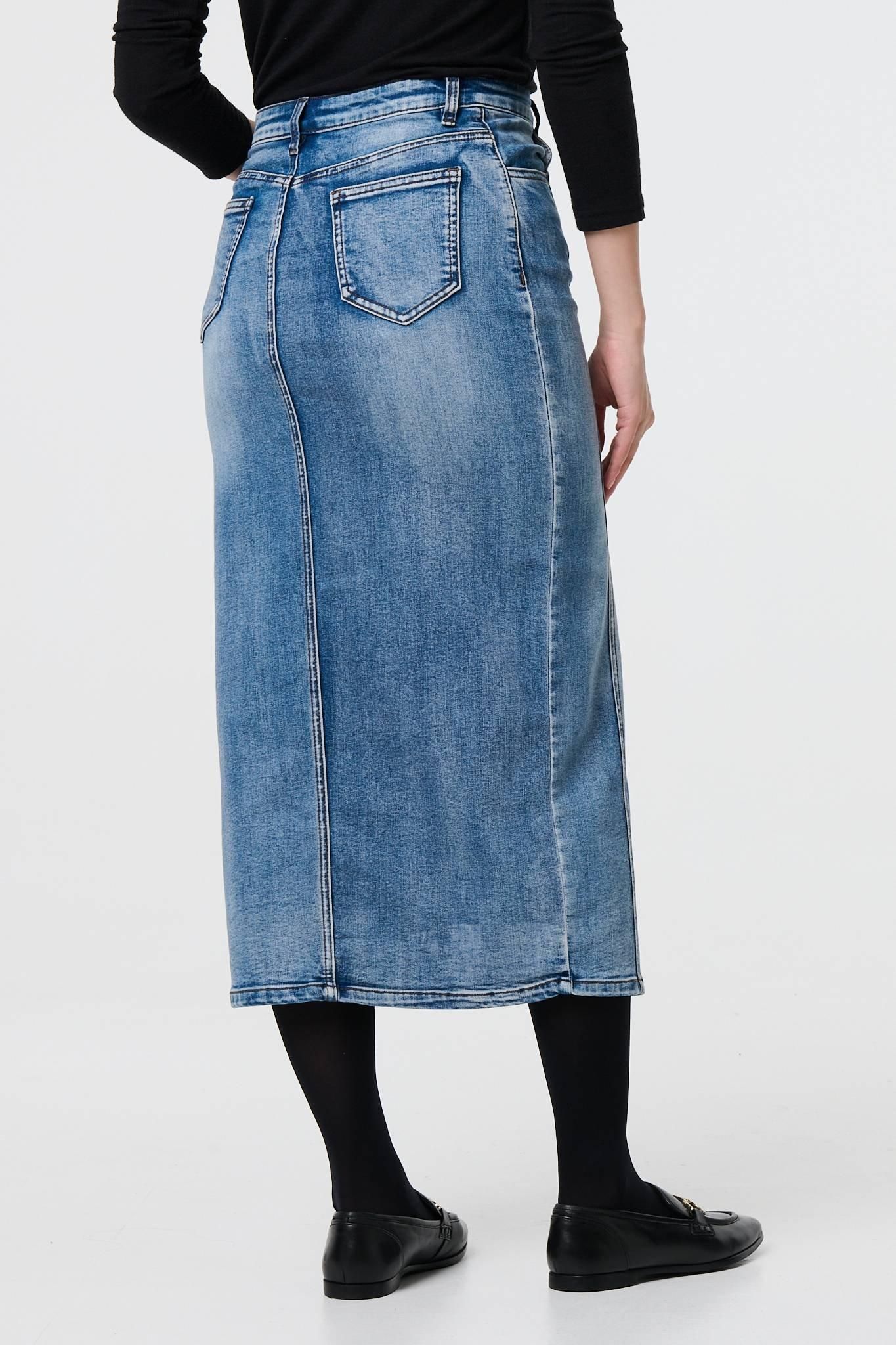 Izabel London Washed Denim Split Hem Knee Length Skirt