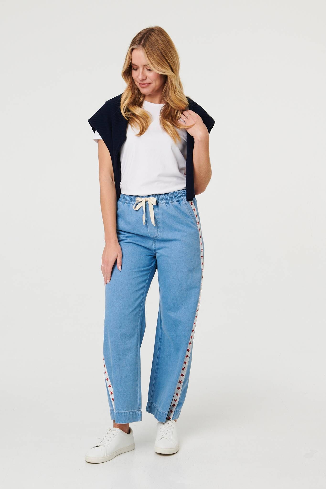 Izabel London Star Print Trim Drawstring Wide Jeans