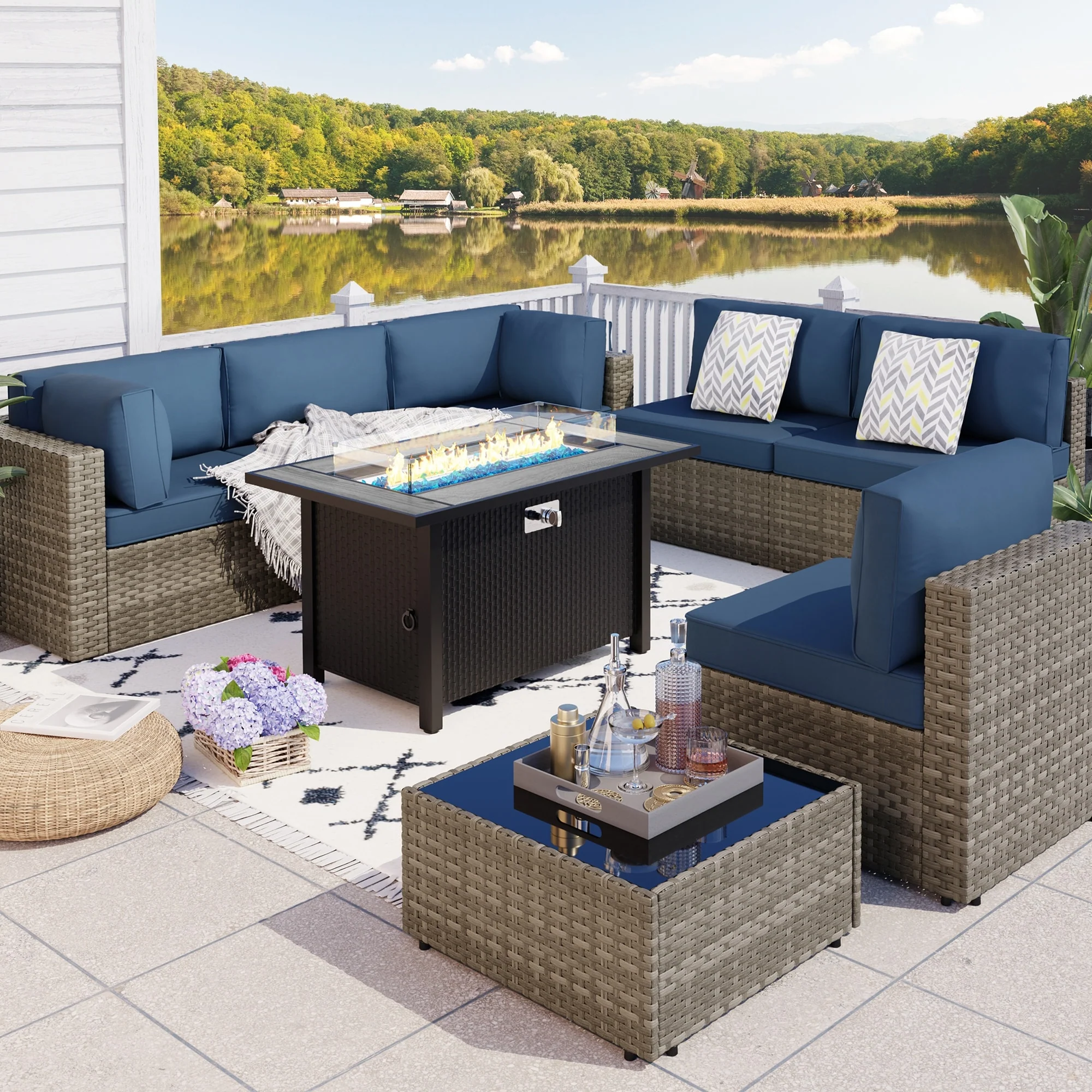 8 Piece Sectional Seating Group with Fire Pit