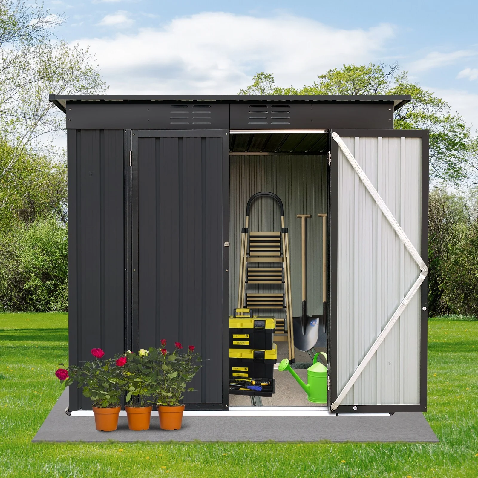 Waterproof Garden Shed Tool Shed with Double Hinged Lockable Doors Storage Shed, Sun-Proof Punched Vents