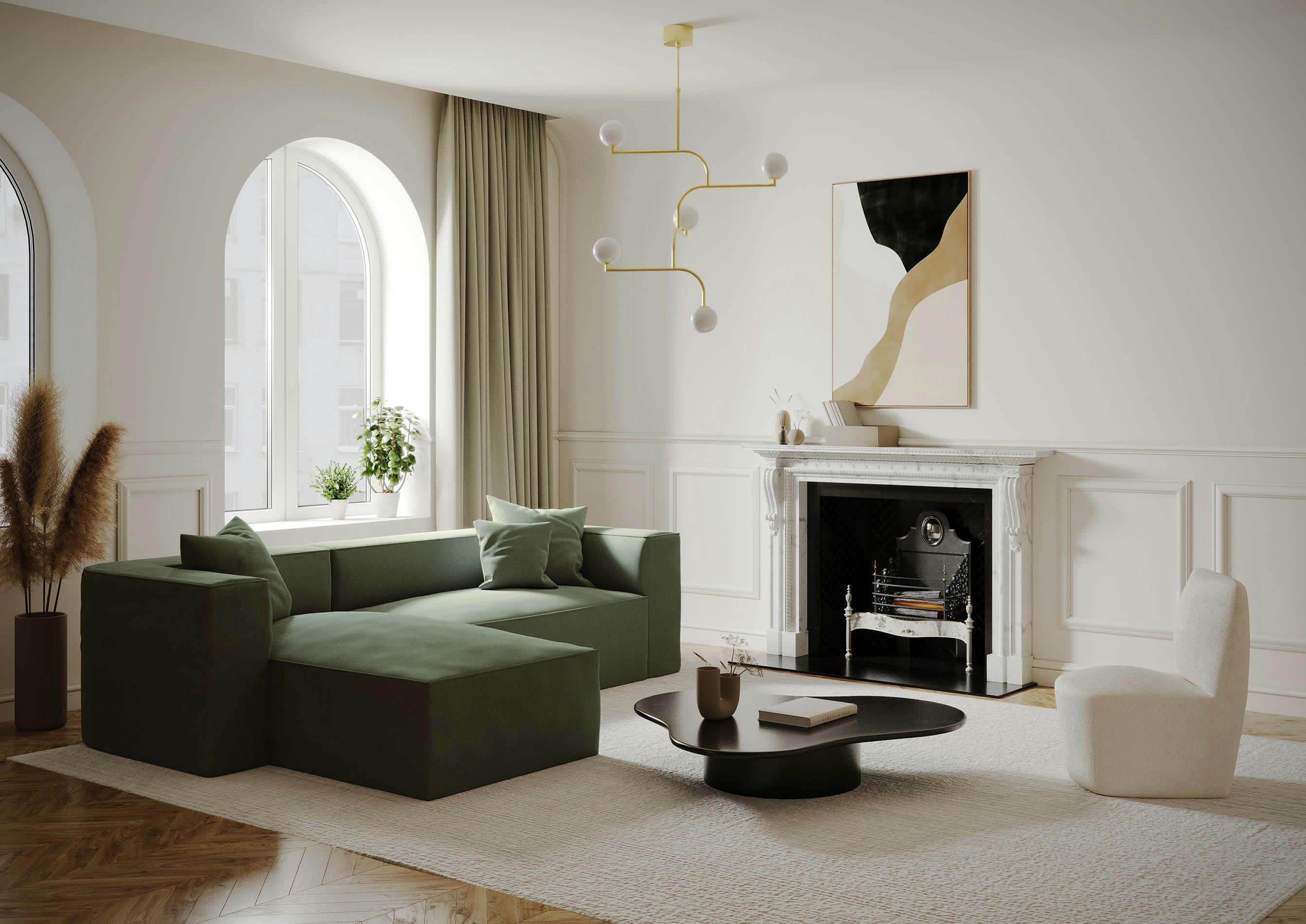 ALMA - Canapé d'angle gauche tissu tramé vert olive